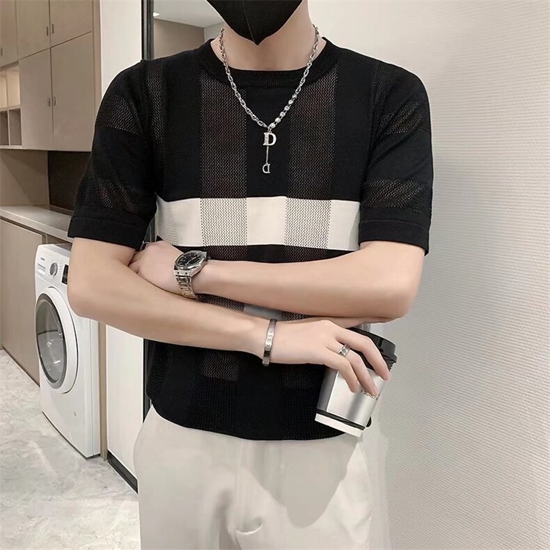 男士新款圆领韩版修身薄款冰丝针织衫线衣缕空条纹T恤潮流男T3356,男装T恤,星座1116A-2（原606A-1）