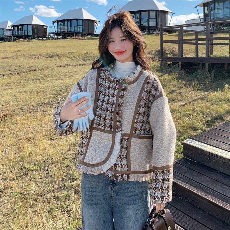 小香风格子拼接毛呢短款外套女秋冬2025新款设计千金感超好看大衣,女装短外套,2C230