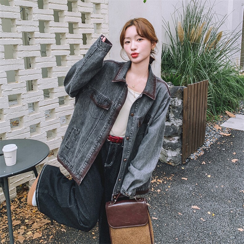 港风复古牛仔撞色外套女2025春秋季新款韩版休闲显瘦翻领夹克上衣,女装短外套,2C262