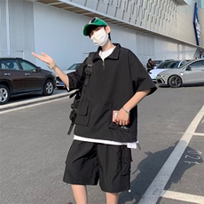 慵懒POLO衫文艺五分裤新款男简约五分袖潮流休闲套装W4634-P49，男装休闲套装，星座412-2