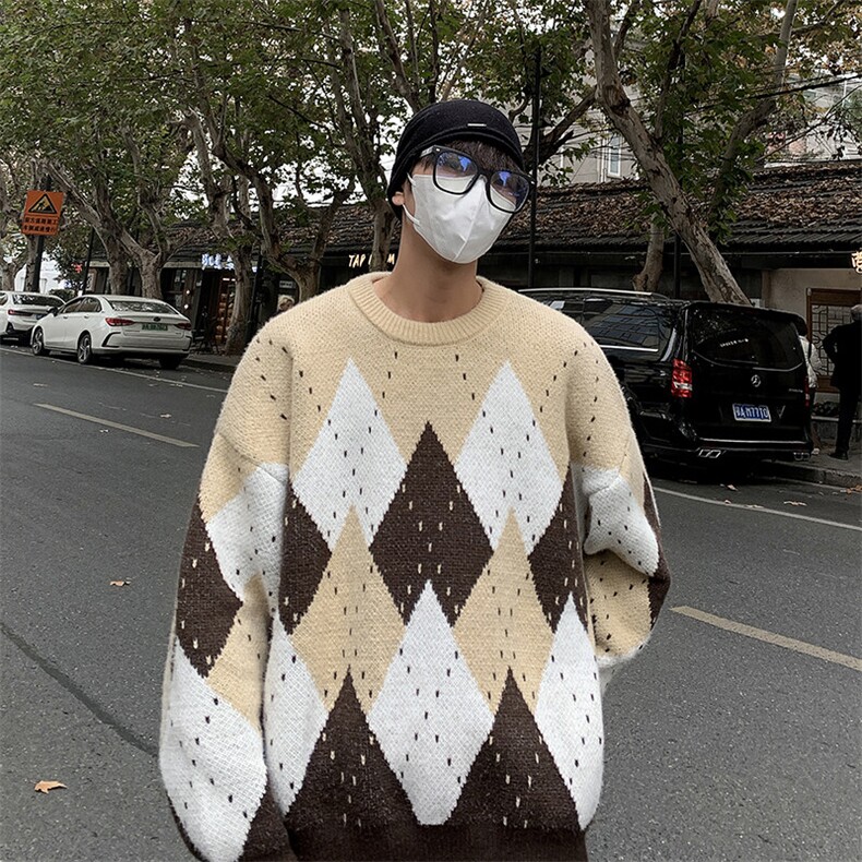 冬季新款菱格设计感毛衣潮流宽松休闲慵懒风圆领针织衫，男装针织衫/毛衣，星座410-7