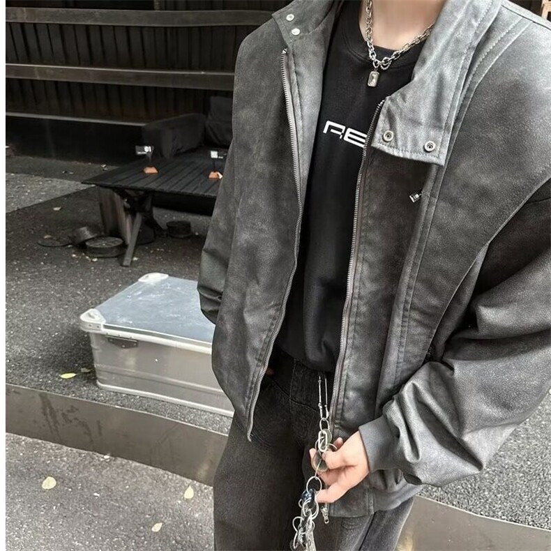 外套男春季做旧高级感皮衣春秋美式复古设计感小众夹克LW1944-p77,男装夹克,星座1008