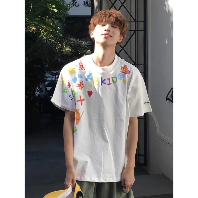 重磅纯棉小领口短袖T恤男夏季美式潮牌手绘卡通涂鸦宽松半袖体恤,男装T恤,星座1007（原301D）