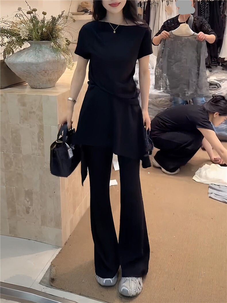 女夏季新款时尚洋气套装纯色斜肩收腰短袖上衣蕾丝屁帘长裤两件套,女装套装/套裙,江南