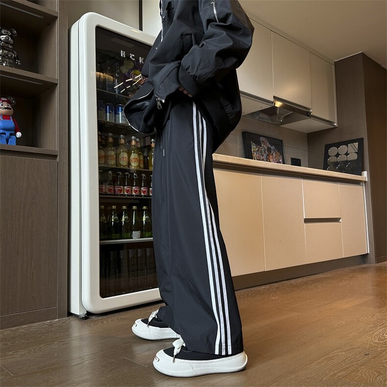 白灰色三条杠美式卫裤男秋季cleanfit条纹直筒裤子宽松弯刀休闲裤，男装休闲裤，星座808A-1