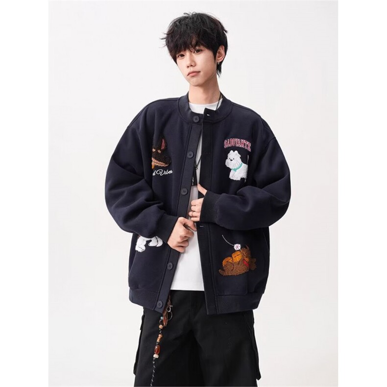 日系卡通小狗毛巾绣圆领卫衣女春秋2025新款慵懒风宽松bf开衫外套，女装短外套，星座516A