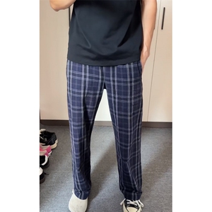 美式复古蓝色格子裤男款夏季垂感高级感设计感裤子慵懒休闲直筒裤,黄色和蓝色的衣服搭配更好看图片