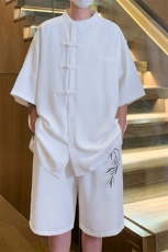 夏季新款立领盘扣刺绣新中式风衬衣短裤套装男两件套，男装休闲套装，电商A141