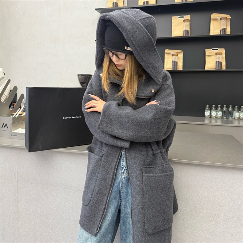 慵懒厚连帽收腰羊毛宽松毛呢外套保暖2025秋冬女双面羊绒大衣灰色,女装双面呢大衣,蒙绒特