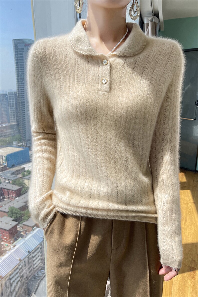 镂空娃娃领羊毛衫女2024秋冬装新款针织衫,女装羊毛衫,百越羊绒