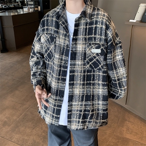 美式复古长袖衬衫男款春秋季新款情侣格子衬衣毛边设计感外套图片