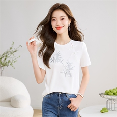 新中式夏季白色打底上衣女竹子刺绣时尚圆领正肩短袖T恤，女装T恤，1D073