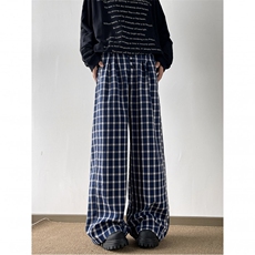 蓝色格子休闲裤男女韩版潮流阔腿宽松2024秋冬ins长裤K5792-P51，男装休闲裤，星座412-2