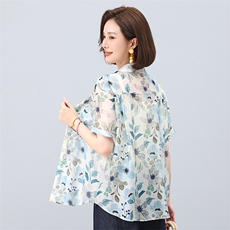 叶笙衣2552衬衫领短袖印花上衣，女装衬衫，叶笙衣