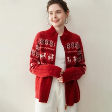 LP同款秋冬山羊绒开衫女半高领撞色提花加厚毛衣外套双拉链针织衫，女装羊绒衫，纳丰羊绒