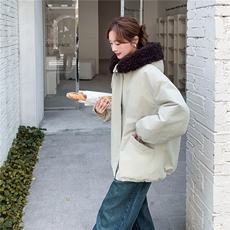 羊羔毛大翻领连帽工装派克服女中长款2025冬季90白鸭绒加厚羽绒服，女装羽绒服，2C159