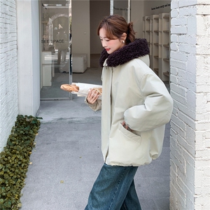 羊羔毛大翻领连帽工装派克服女中长款2025冬季90白鸭绒加厚羽绒服图片