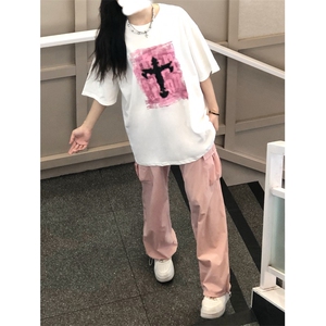 美式复古vintage螺纹小领口短袖t恤宽松潮牌潮流情侣半袖,冰丝哈伦裤搭配什么上衣男图片