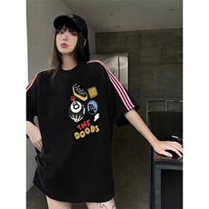 抖音得物品质二开240克宽松纯棉美式潮牌印花三条杠中性风短袖T恤，男装T恤，电商A486