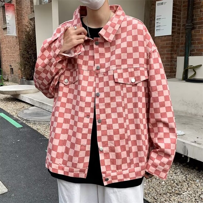 美式棋盘格粉色外套男街头工装上衣ins潮牌日系复古夹克X352/P60,男装夹克,星座506