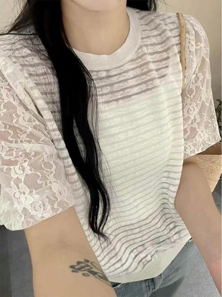 精纺拼接蕾丝条纹短袖,针织衫/毛衣,圣旺供货