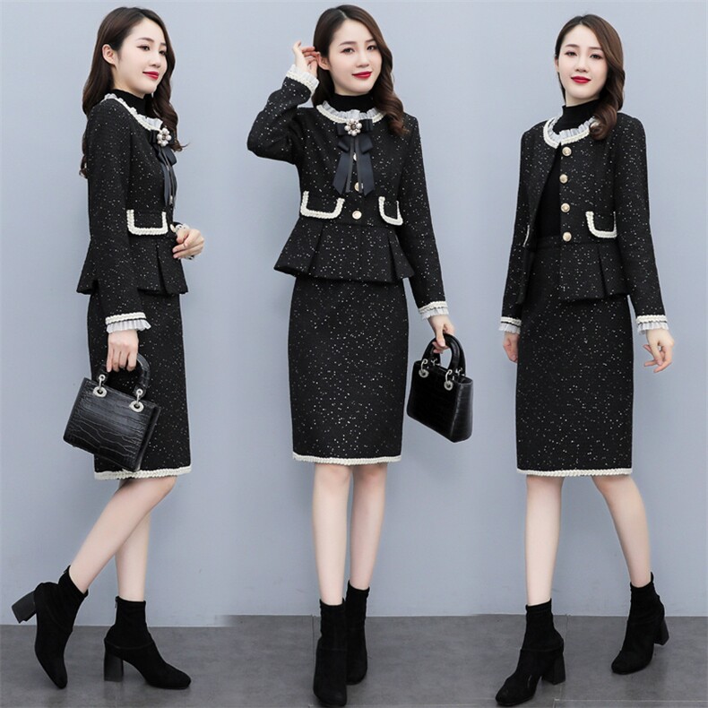 现货2024秋冬时尚简约气质优雅收腰显瘦休闲修身小香风套裙两件套，女装套装/套裙，兰菲阁