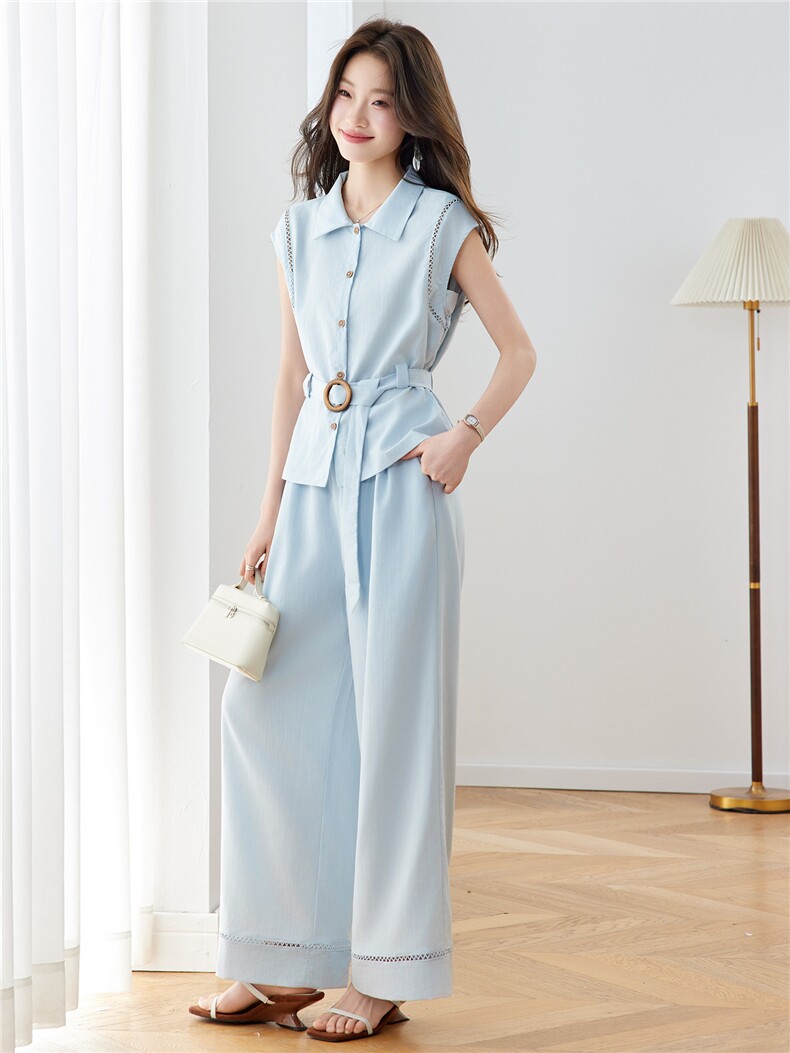 现货！休闲时尚套装女2026夏季新款气质收腰无袖上衣阔腿裤两件套,女装套装/套裙,沐七七