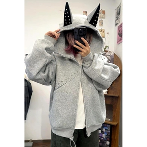 抖音得物高品质 26春装美式高街铆钉杜宾犬耳朵开衫卫衣外套W125图片