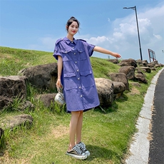 现货主推夏ins街头风棉麻工装气质衬衫女士连衣裙18861P85控138，女装连衣裙，艾青服饰