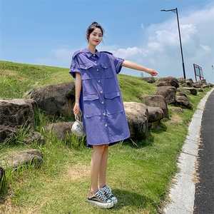 现货主推 夏ins街头风棉麻工装气质衬衫女士连衣裙188 61P85控138图片