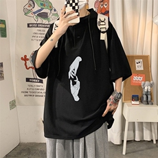 LD54147-P45连帽短袖t恤男大码胖子带帽五分袖中袖海报风，男装T恤，电商A040