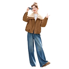 羊羔毛翻领麂皮绒白鸭绒羽绒服，女装羽绒服，采品优优