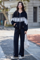 水衣源2788款时尚运动休闲连帽蕾丝拼接针织套装女，女装套装/套裙，水衣源