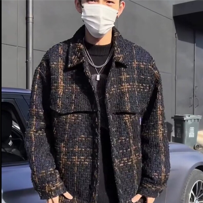 春秋新款编织棉线千鸟格小香风夹克上衣情侣同款加厚翻领衬衫外套,男装夹克,星座715-4