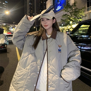 1港风情侣灯芯绒拼接连帽假两件小熊大码M-5XL棉衣8713P135控168