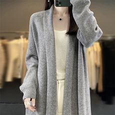 V领中长款100%羊毛开衫大衣女25秋冬宽松慵懒羊绒衫针织毛衣外套，女装羊毛衫，优麦羊绒（原洪叶羊绒）