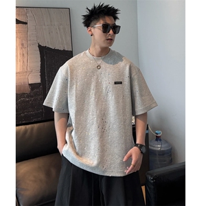 网图 300g重磅短袖破洞T恤男潮牌美式宽松半袖上衣C670-P48图片