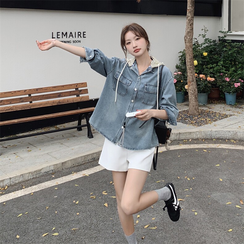 正品女装官方夏2025春季新款休闲百搭上衣复古可脱卸帽女士牛，女装短外套，豆豆家