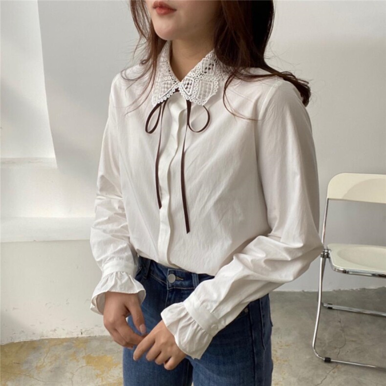 翻领蝴蝶结蕾丝花边棉布衬衫，女装衬衫，土布鱼