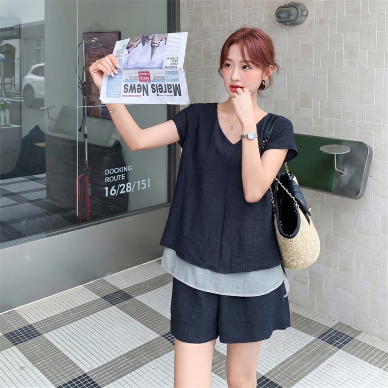 时尚潮流休闲运动纯色两件套2026年夏季轻薄撞色宽松型,女装套装/套裙,秀美人生