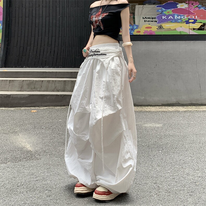 美式复古叠穿设计感绑带伞兵裤女宽松休闲褶皱阔腿裤YD9043-P65,男装休闲裤,星座509