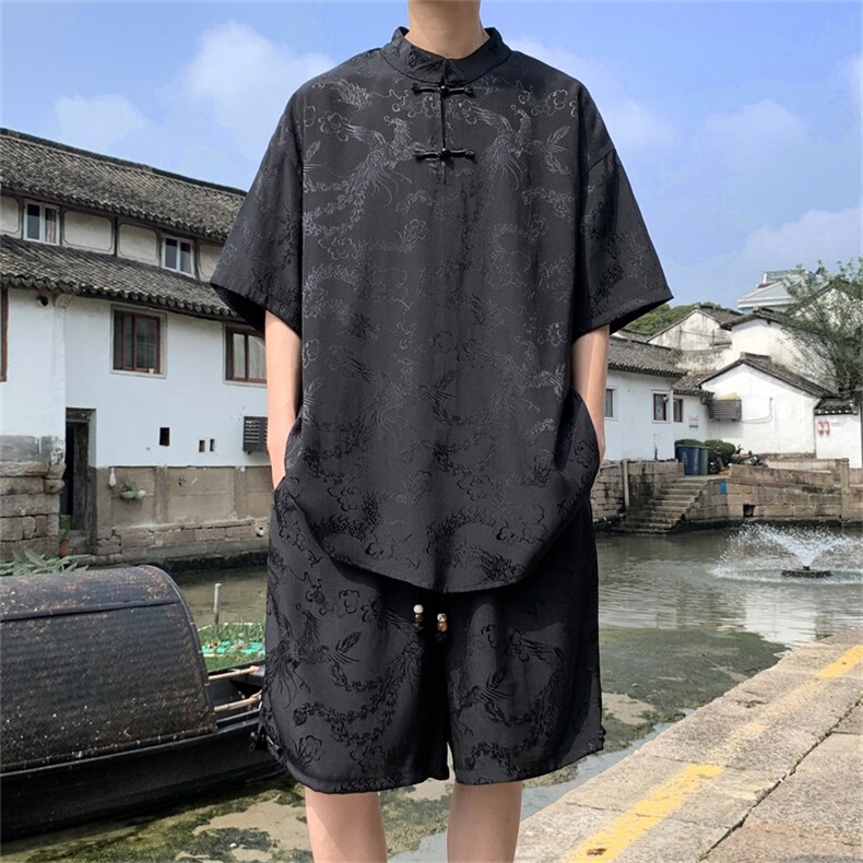 量大优供视频新风龙凤提花冰丝短袖短裤套装男TZ2406-特P60,男装休闲套装,电商A028