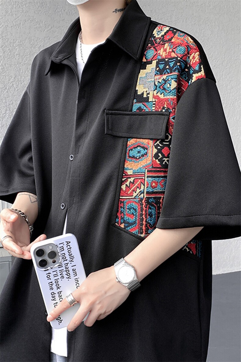 8XL-M民族风拼接短袖衬衫男夏季痞帅半袖衬衣薄款外套DC28009P45,男装衬衫,电商B312