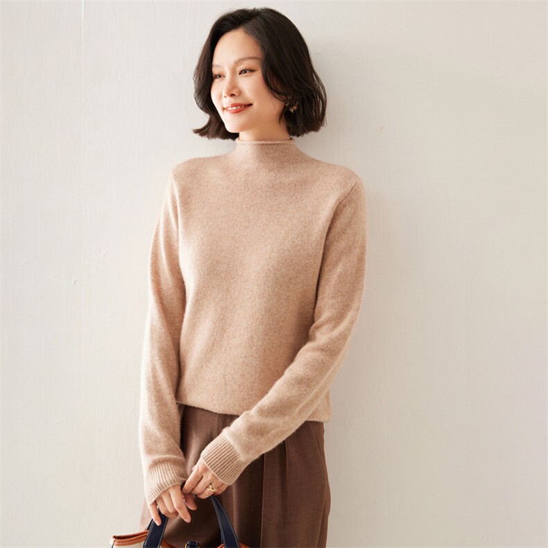 2024秋季新款女士半高领长袖短款套头衫休闲百搭35%羊绒衫，女装羊绒衫，澳煜绒