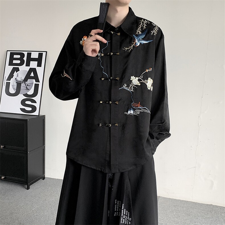 春装新中式花鸟盘扣衬衫加肥加大码民族服装风刺绣长袖上衣男女,男装民族服装,星座909