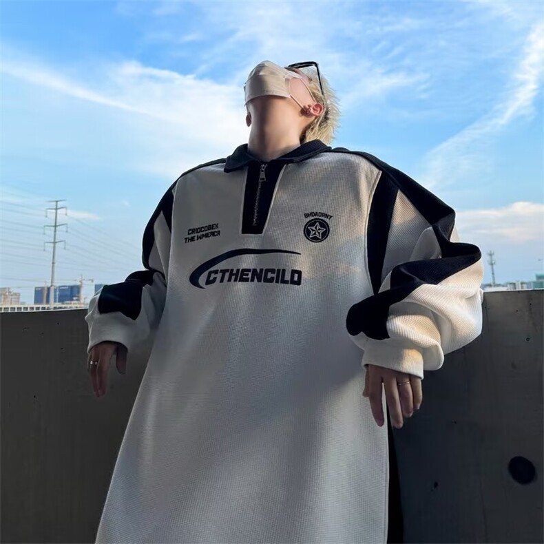 DA42-P48半拉链撞色翻领插肩卫衣男生春秋季宽松美式长袖Polo衫，男装Polo衫，星座603-2