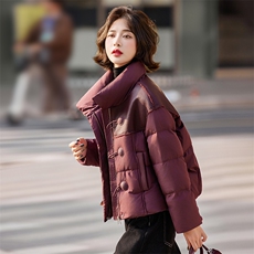 小个子羽绒服女2024冬季新款独特超好看设计感短款红色拼皮厚外套，女装羽绒服，靓衣阁