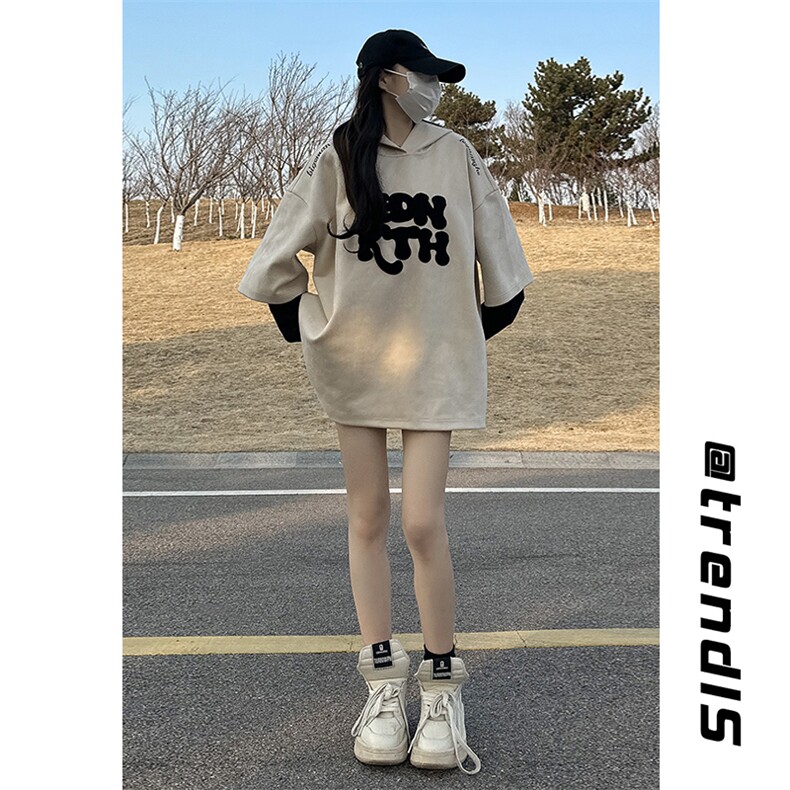 2023夏季新款港风女模大码麂皮绒连帽短袖T恤M-5XHT23153-P50,男装T恤,电商A022