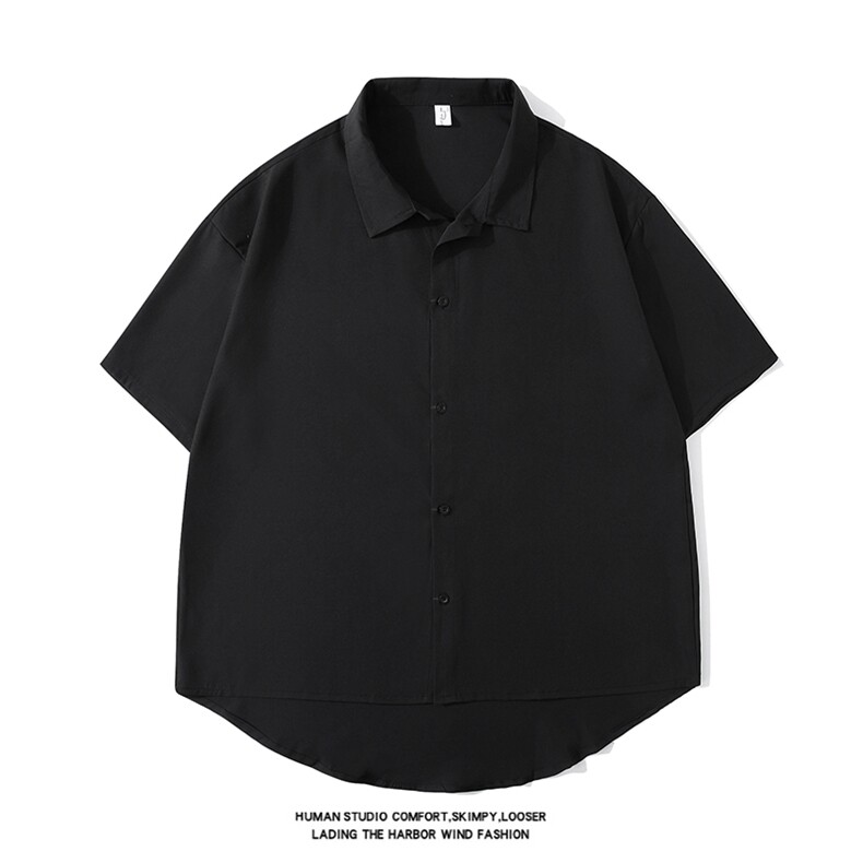 白底平铺2025夏装黑色痞帅短袖燕尾衬衫男宽松冰丝衬衣C303P30，男装衬衫，电商C323