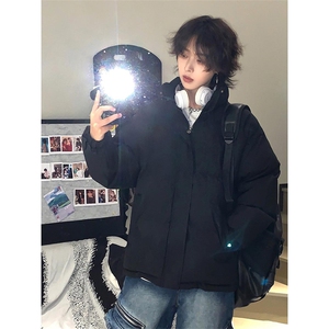 现货高品质美式高街冬季重磅三防加厚羽绒棉衣厚外套面包棉服,红色毛呢外套搭配白色衬衫图片